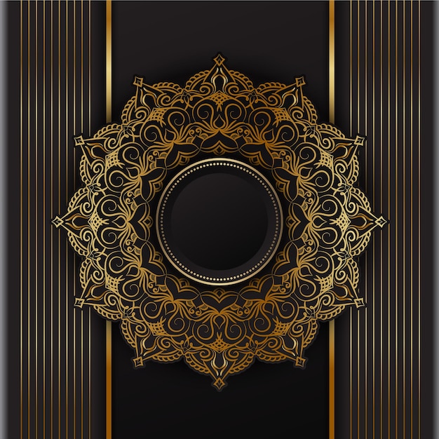 Fondo negro de lujo con mandala y contorno dorado.