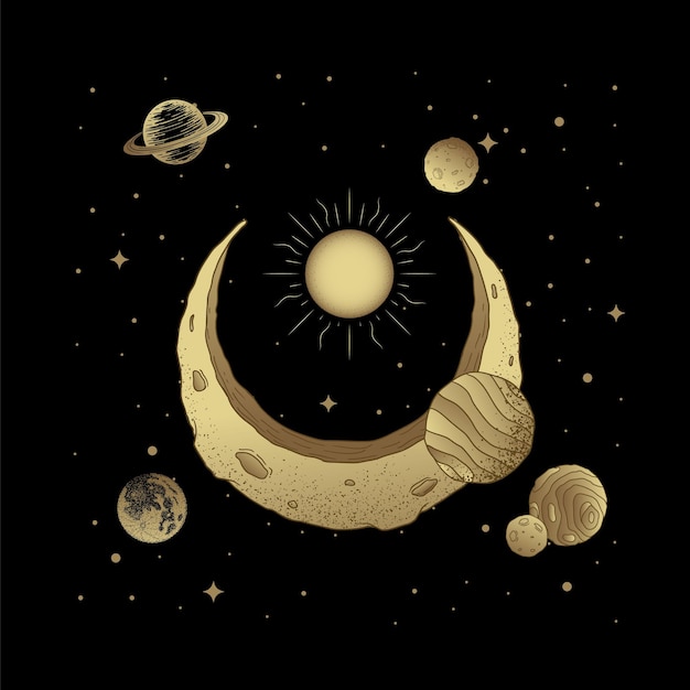 Vector un fondo negro con una luna y planetas y el sol.