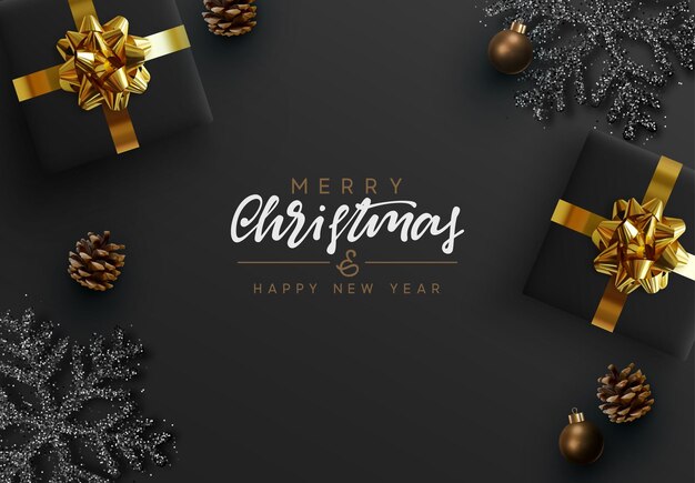 Fondo negro de Navidad. Caja de regalos realista de diseño de Navidad, copo de nieve negro y plata brillante, conos de pino, adorno decorativo. texto de caligrafía manuscrita feliz navidad y feliz año nuevo.