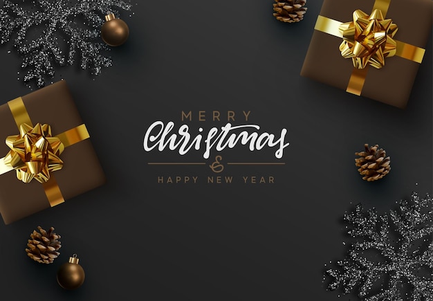 Fondo negro de Navidad. Diseño de Navidad caja de regalos marrón realista, copo de nieve negro y plata brillante, conos de pino, adorno decorativo. texto de caligrafía manuscrita feliz navidad y feliz año nuevo.