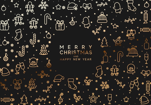 Fondo negro de Navidad con objetos dorados de Navidad, elementos de diseño de estilo lineal. ilustración vectorial