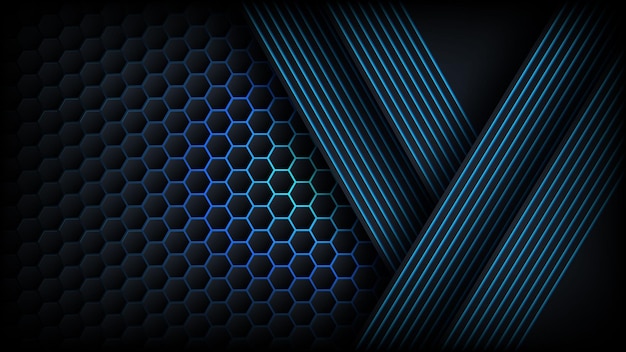 Vector fondo negro oscuro moderno abstracto con línea de degradado de textura hexagonal y diseño de capas superpuestas