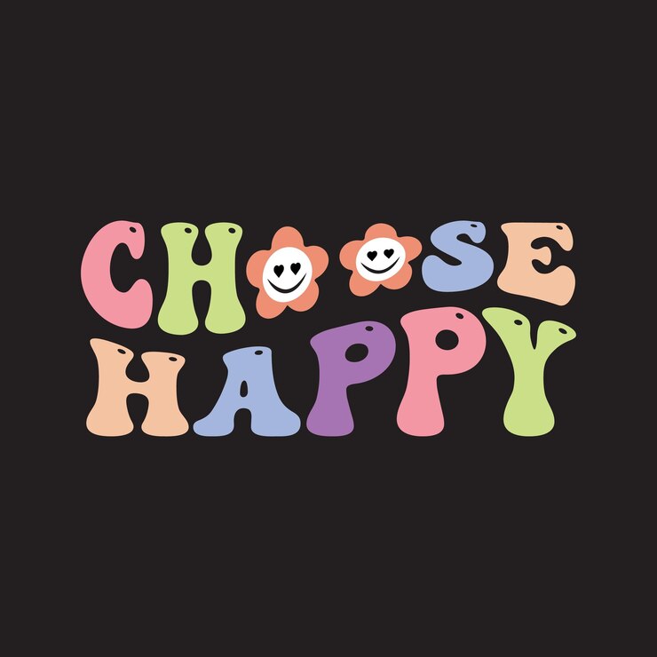 Un fondo negro con las palabras elige feliz escritas en letras coloridas.