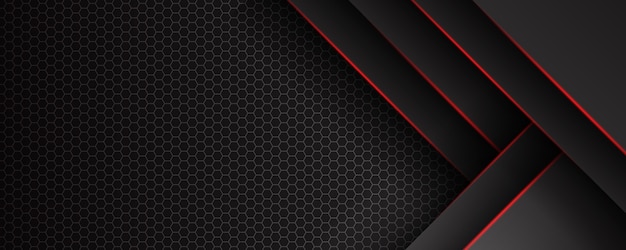 Fondo negro plantilla abstracta con patrón de triángulos y líneas de iluminación rojas.