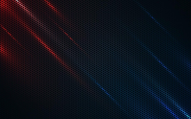 Fondo negro de textura hexagonal con efecto de luz naranja y azul