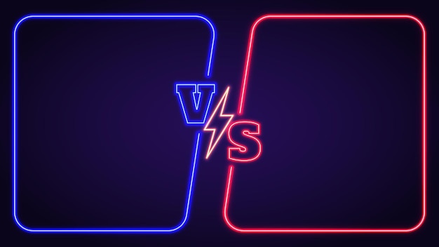 Fondo de neón de batalla del equipo azul vs rojo con marcos brillantes. banner de lucha con símbolo versus y relámpago. plantilla de vector de competencia de duelo