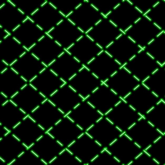 Fondo de neón cuadrícula verde sobre un fondo negro rombos brillantes de líneas punteadas