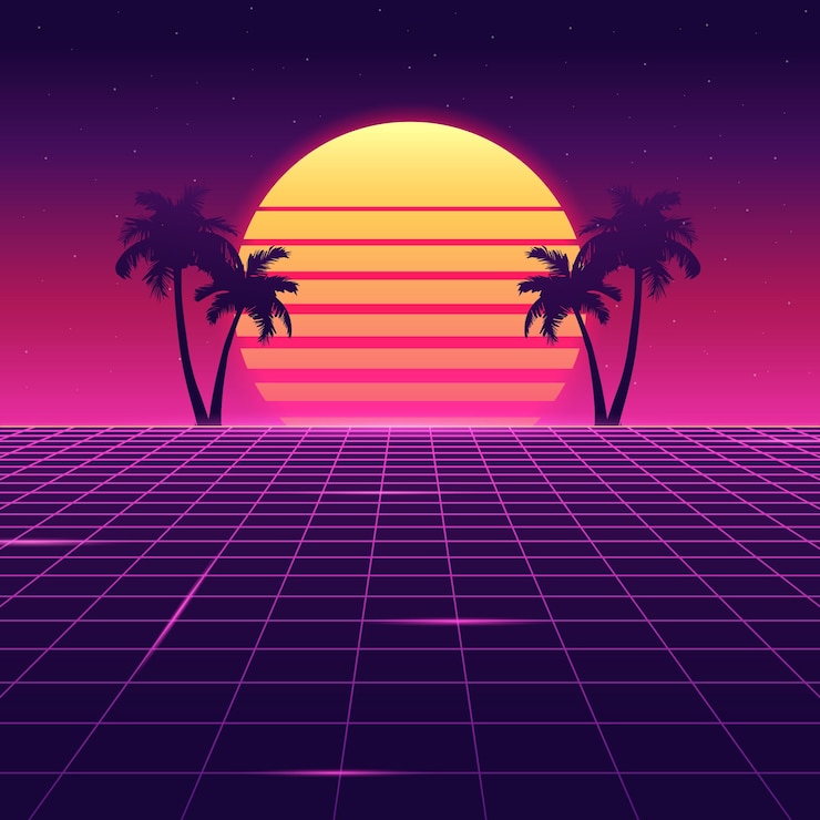 Vector fondo de neón retrowave brillante abstracto de los años 80