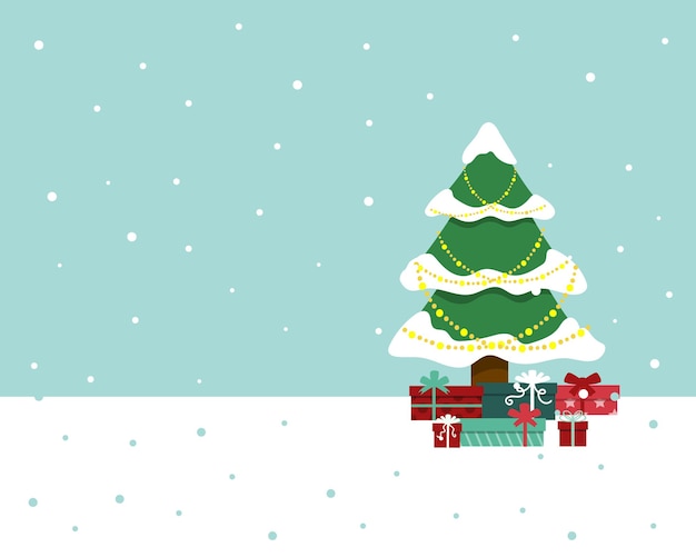 Fondo de nieve con árbol de Navidad y regalos. Espacio en blanco para texto