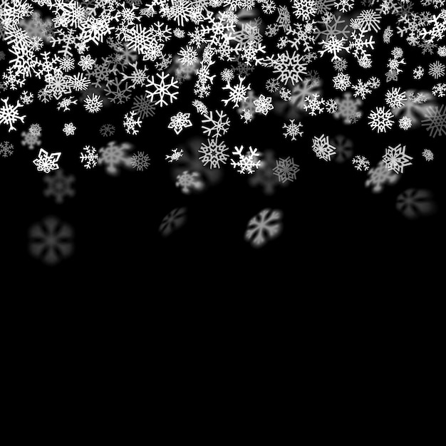 Vector fondo de nieve con copos de nieve borrosa en la oscuridad