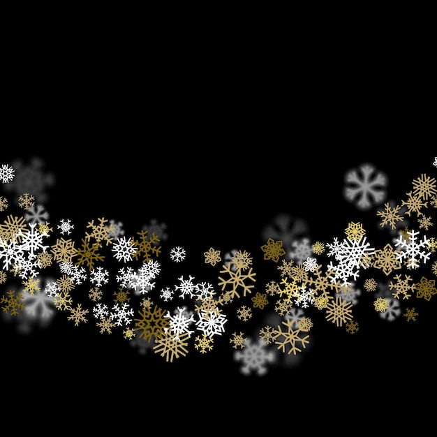 Vector fondo de nieve con copos de nieve doradas borrosas en la oscuridad