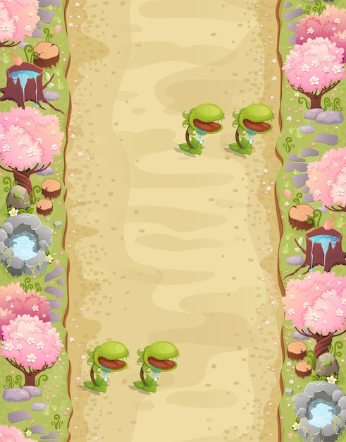 Fondo de nivel de juego con plataformas y elementos paisaje de primavera de juego con trampas