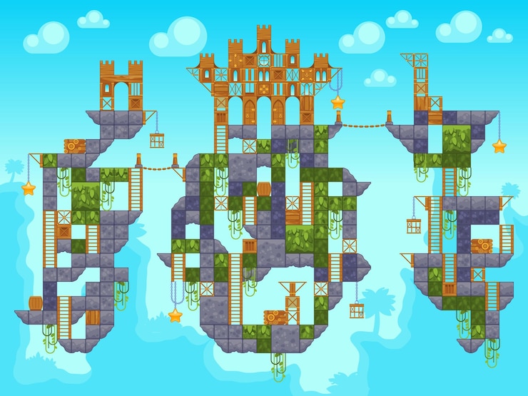 Vector fondo de nivel de juego con plataformas paisaje ubicación con castillos de madera torres etapas de piedra o hierba juegos arcade con colección de estrellas ilustración vectorial con elementos de diseño de interfaz