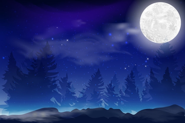 Fondo de noche azul oscuro con mes completo, nubes y estrellas. Noche de luna. ilustración. Fondo del espacio de Milkyway