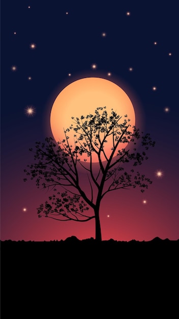 Vector fondo de noche estrellada con árbol y luna llena.