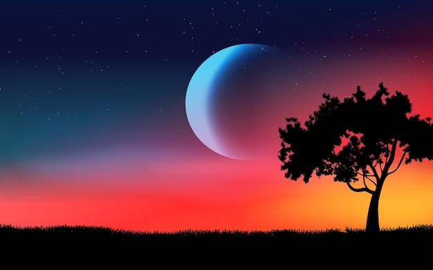 Vector fondo de noche de fantasía con silueta de luna y árbol