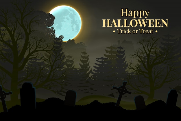 Vector fondo de la noche feliz halloween con silueta de bosque.