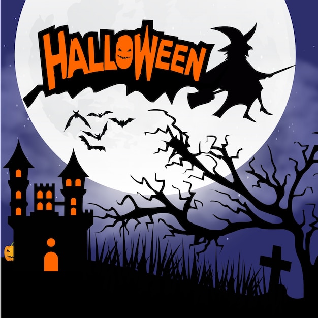 Fondo de la noche de Halloween con castillo espeluznante y calabazas