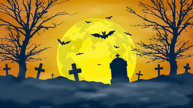 Fondo de la noche de halloween. cementerio de miedo y luna llena.