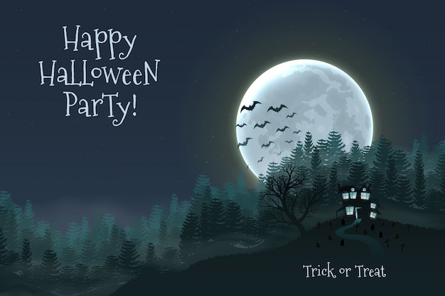Vector fondo de la noche de halloween feliz con casa de miedo embrujada.