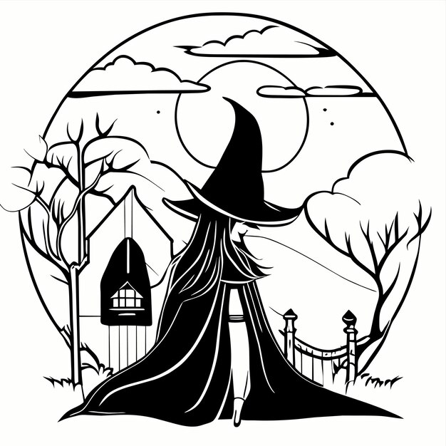 Vector fondo de la noche de halloween con la mano de una bruja dibujada plana y elegante pegatina de dibujos animados