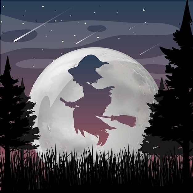 Fondo de noche de halloween con silueta de bruja