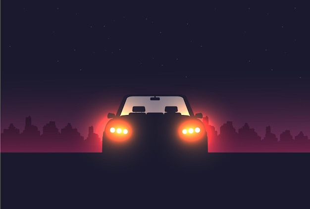 Fondo de noche con ilustración plana de vector de coche