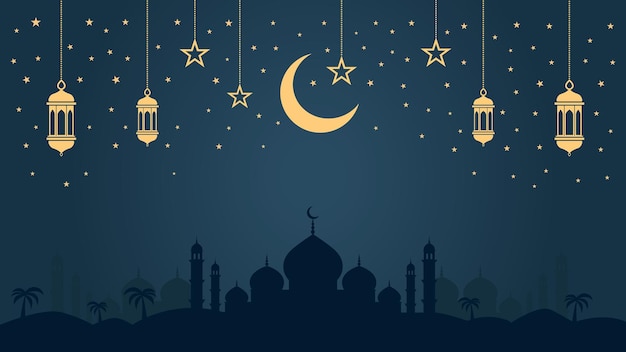 Fondo de la noche islámica con luna media dorada linternas silueta de la mezquita perfecto para los diseños de Ramadán y Eid