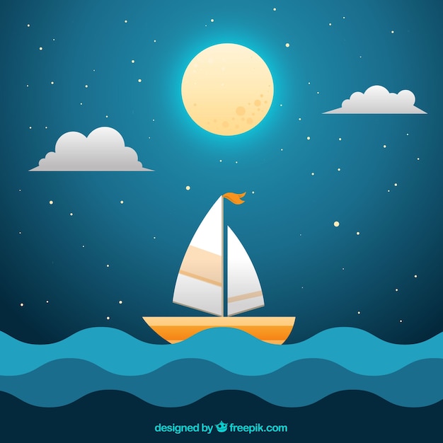 Fondo de noche con luna llena y barco en el mar