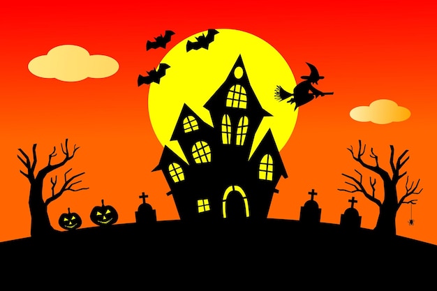 Fondo de noche de luna llena de Halloween castillo oscuro calabazas lápida sepulcral bruja y murciélagos