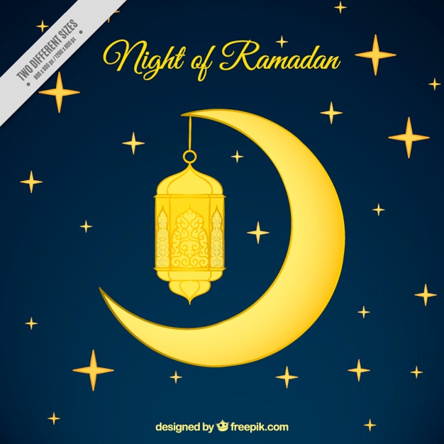 Fondo de noche de ramadan con luna dorada y farol