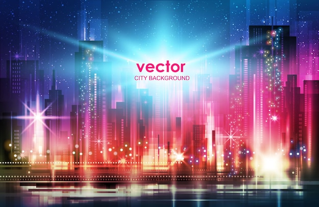 Vector fondo nocturno de la ciudad con luces brillantes ilustración con arquitectura rascacielos edificios de megapolis en el centro