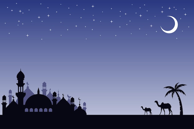 fondo nocturno islámico con vector de silueta de la mezquita