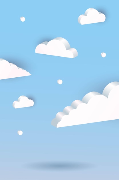 Fondo de nubes 3D Formas geométricas blancas en cielo azul comunicación globo web internet símbolo meteorología clima telón de fondo decorativo cartel vertical o banner vector ilustración aislada