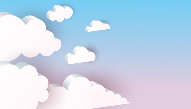 Fondo de nubes 3D Formas geométricas blancas en cielo azul web internet símbolo meteorología clima telón de fondo decorativo cartel horizontal o pancarta con espacio de copia vector ilustración aislada