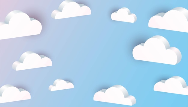 Fondo de nubes 3D Formas geométricas blancas en cielo azul web internet símbolo meteorología clima telón de fondo decorativo cartel horizontal o pancarta con espacio de copia vector ilustración aislada