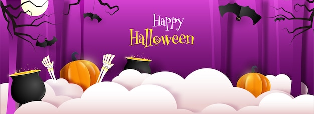 Fondo de nubes de corte de papel blanco y magenta oscuro con calabazas, manos esqueléticas, ollas de caldero y murciélagos colgantes para feliz halloween.