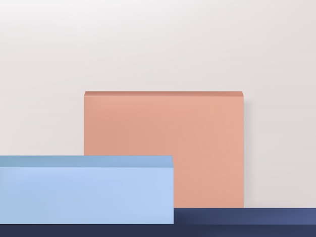 Fondo o plataforma de visualización de productos de geometría mínima, rosa, azul y gris claro, horizontal