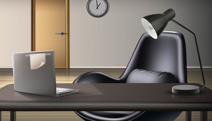 Vector fondo de oficina. espacio de trabajo con laptop y lámpara. concepto independiente y trabajo desde casa.