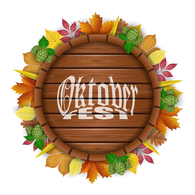Fondo de oktoberfest con hojas de otoño, lúpulo y barril de madera