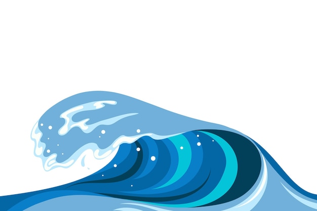 Fondo de onda Tsumani en estilo de dibujos animados planos. Salpicaduras de agua tropical azul grande con espuma blanca. Ilustración vectorial