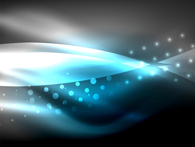 Fondo de ondas de neón con efectos de luz líneas curvas con puntos brillantes y brillantes colores brillantes en la oscuridad ilustración de energía mágica vectorial
