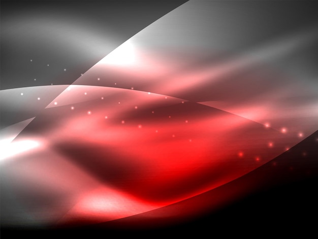 Fondo de ondas de neón con efectos de luz líneas curvas con puntos brillantes y brillantes colores brillantes en la oscuridad ilustración de energía mágica vectorial