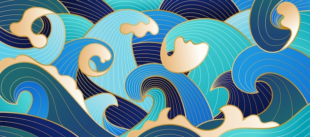Fondo ondulado Patrón de línea azul y dorado Ornamento de lujo Decoración moderna Papel de pared geométrico de primera calidad Salpicaduras de mar doradas Cartel abstract Art Deco diseño vectorial de tarjetas llamativo