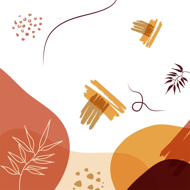Fondo orgánico minimalista abstracto de moda con formas líquidas que fluyen, florales, pincel, hojas, texturas dibujadas a mano y blob. Bronceado, desnudo, champán, beige, pastel, rosa, marrón, estilo de color de tono tierra.