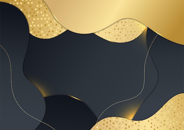 Fondo de oro negro. Fondo de tecnología de lujo de vector. Pila de capa de material de papel negro con franja dorada. Fondo de pantalla premium con forma de flecha