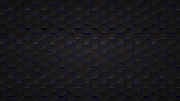 Fondo oscuro abstracto de azulejos hexagonales negros con espacios azules entre ellos