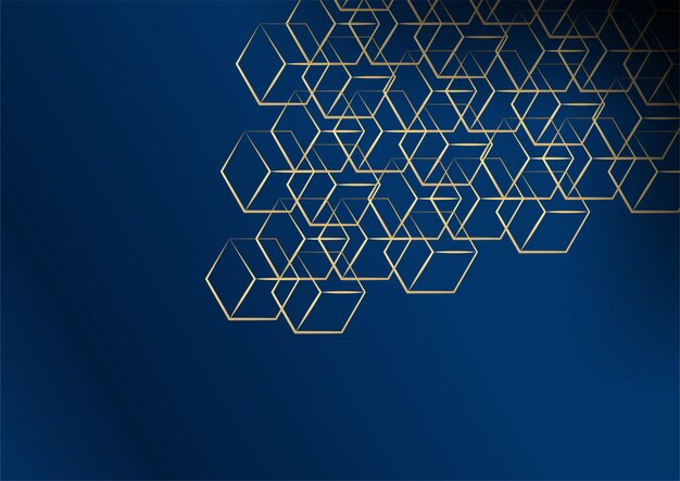 Fondo oscuro abstracto con forma geométrica y combinación de elementos dorados. Fondo azul oscuro y dorado