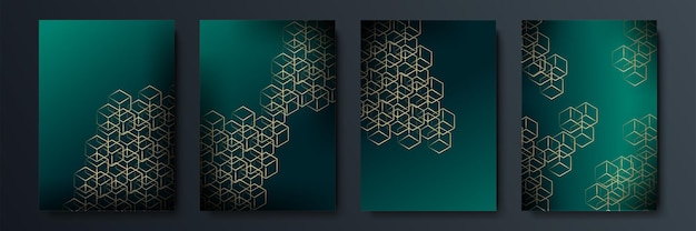 Fondo oscuro abstracto con forma geométrica y combinación de elementos dorados. Fondo verde oscuro y dorado para diseño de presentación, plantilla de portada, banner, volante, informe corporativo y más
