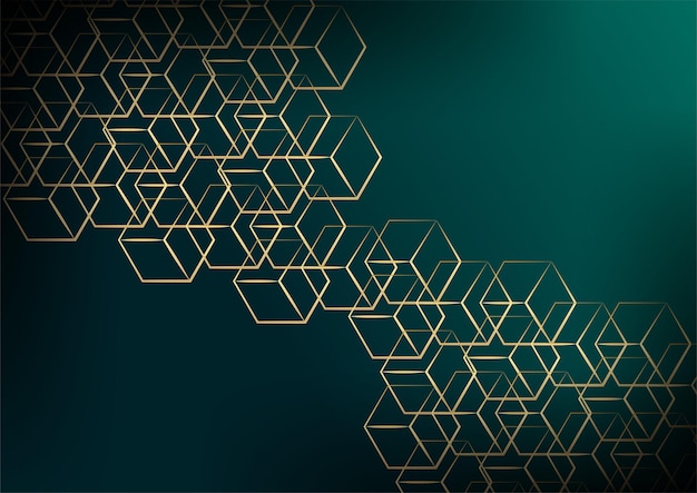 Fondo oscuro abstracto con forma geométrica y combinación de elementos dorados. Fondo verde oscuro y dorado para diseño de presentación, plantilla de portada, banner, volante, informe corporativo y más